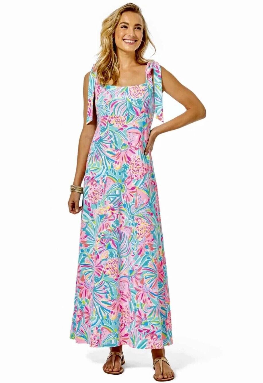 Lilly Pulitzer Maleka Maxi Dress Tropical Punch Women's Medium Tie Straps Cotton